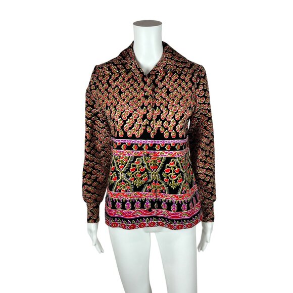 Vintage 70s Printed Blouse Women's Medium Pink Black Border Print Top - Picture 1 of 10
